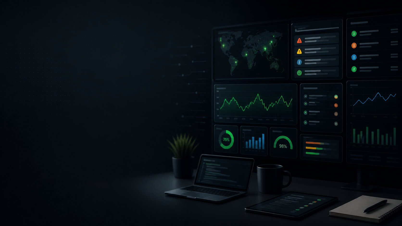 Software monitoring workspace with dashboards, alerts, and support panels.