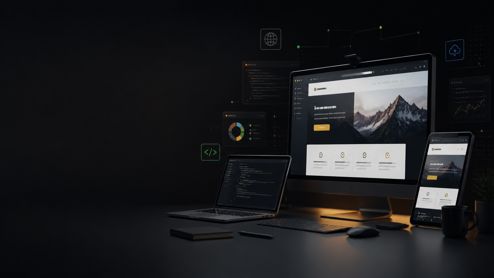 Dark website design workspace with responsive web screens and delivery tools.